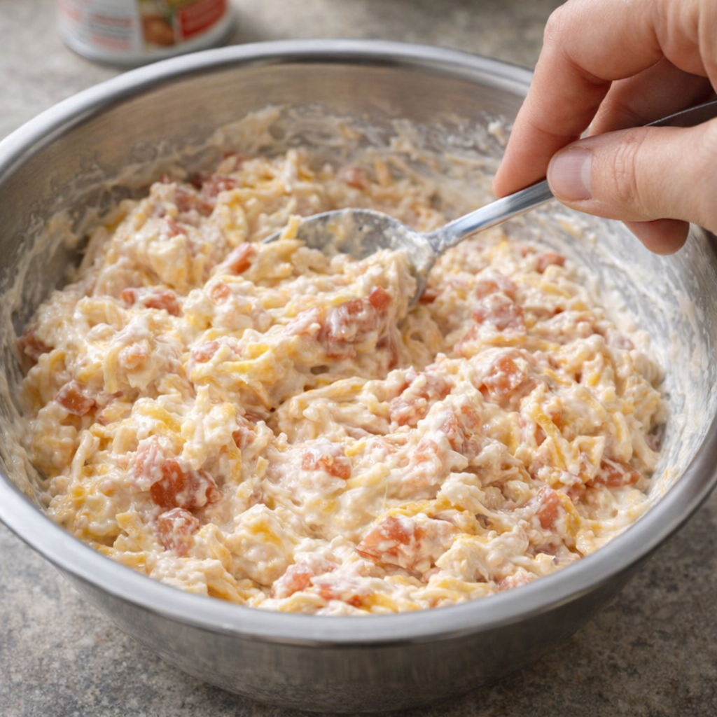 Creamy cheese and tomato mixture being stirred in a bowl