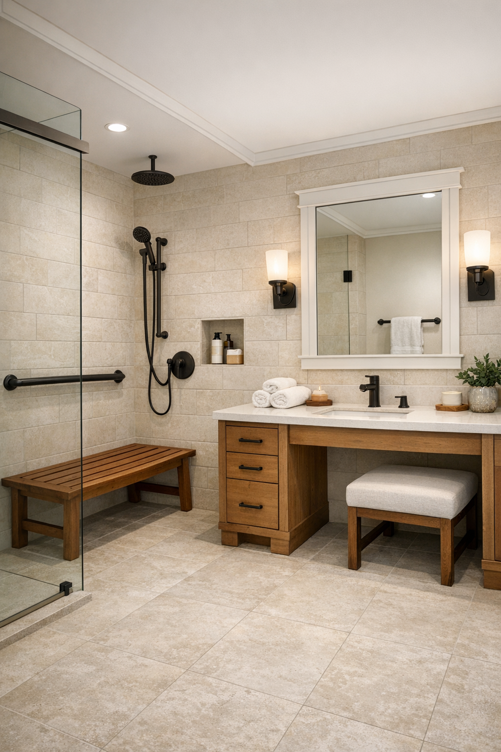 Accessible bathroom with curbless shower, pale tile, and custom vanity with warm wood accents