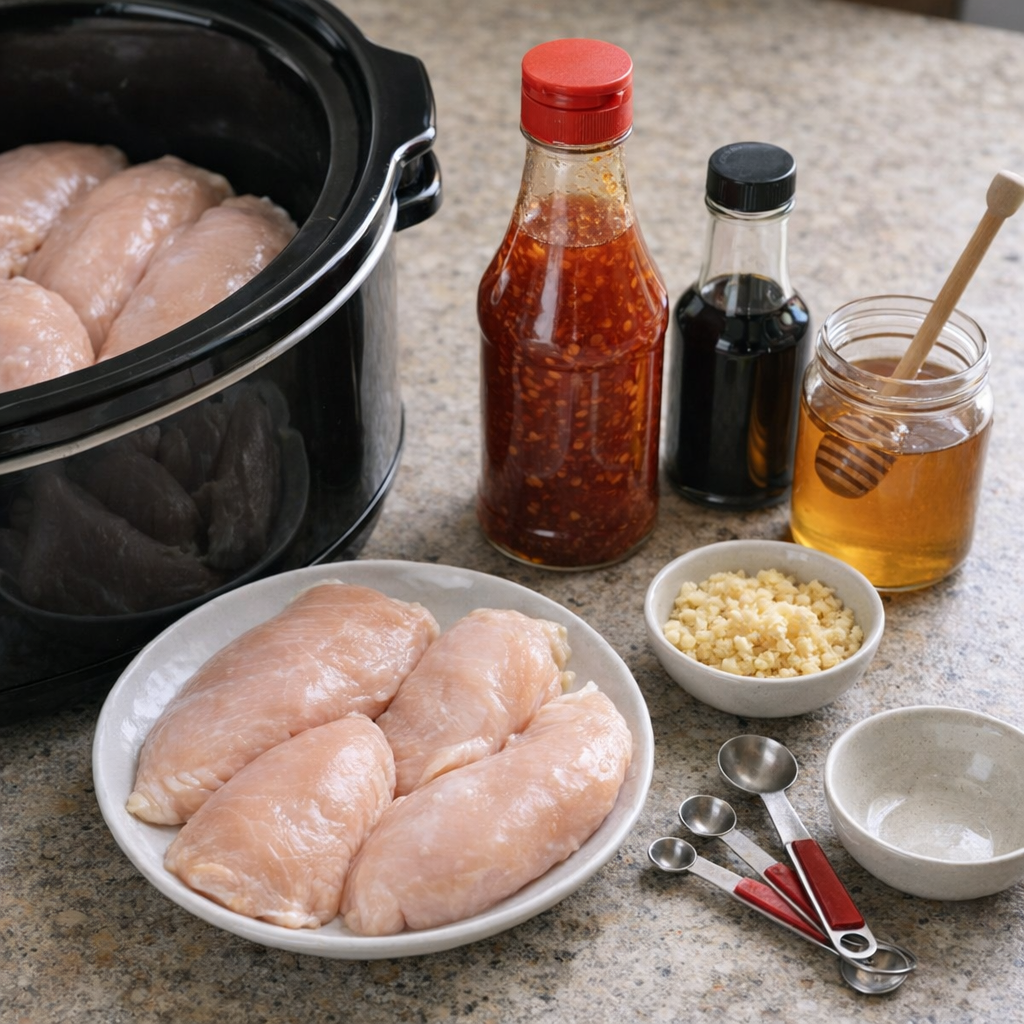 Ingrediënten voor de slowcooker met zoete chili op een boeren aanrecht.