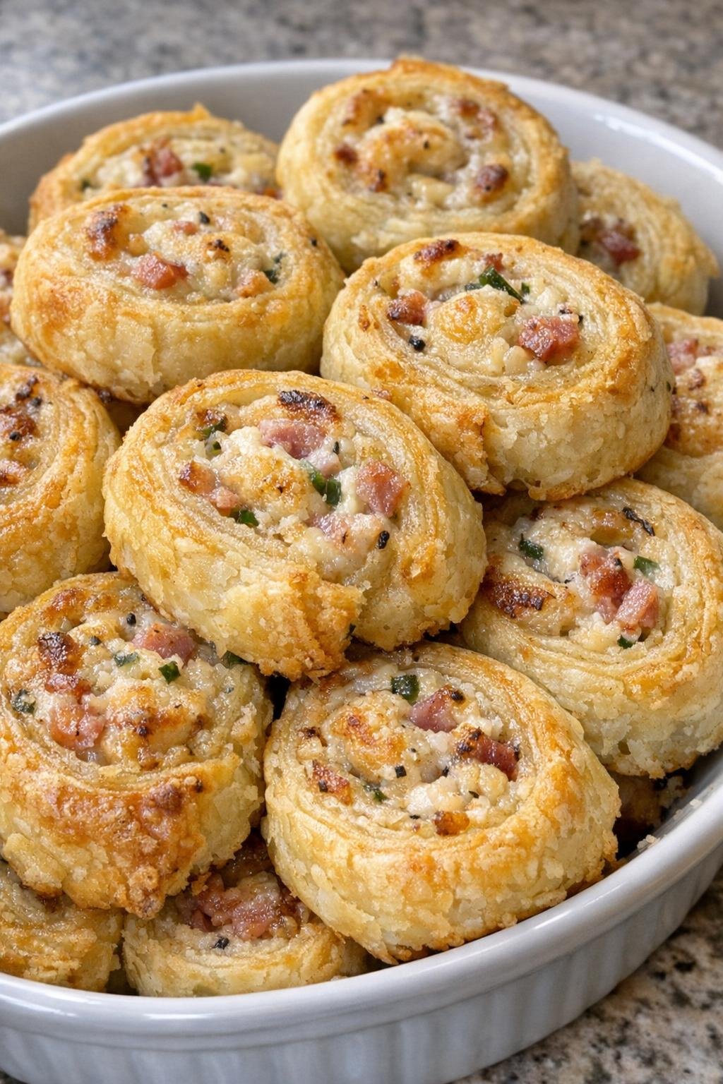 Golden flaky pastry pinwheels with savory filling in a serving dish