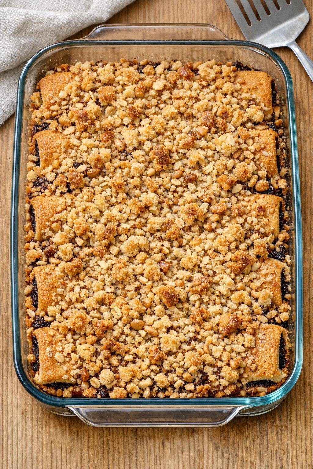 Baked fig newton crumble bars in a glass baking dish