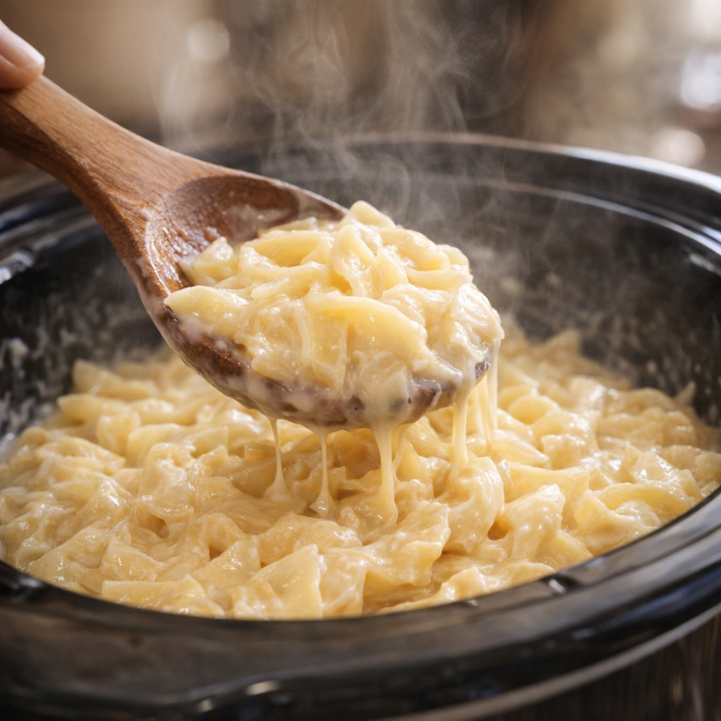 Creamy noodles being stirred in the slow cooker