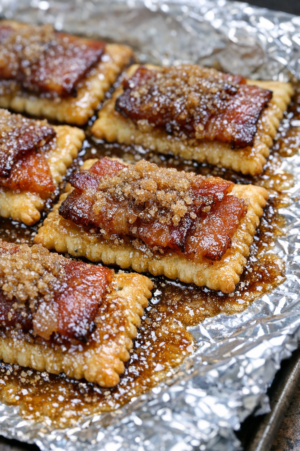 Southern brown sugar bacon crackers on a foil-lined baking tray