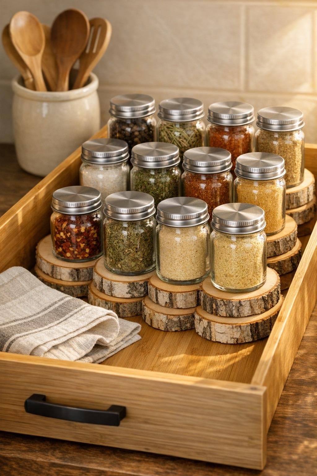 Finished spice jar riser inside a shallow bamboo drawer
