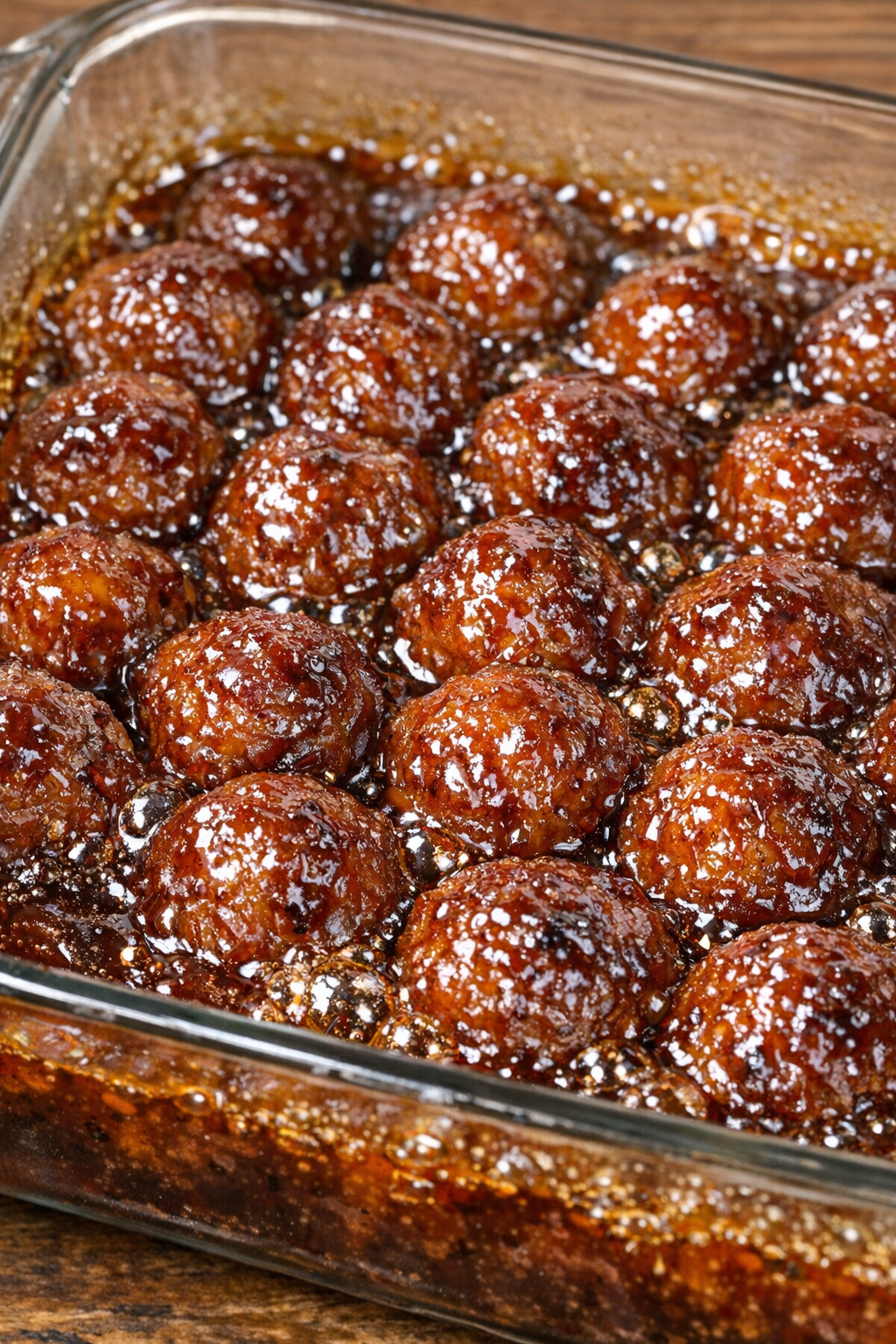 Southern 3-ingredient grape jelly meatballs in a glass casserole dish
