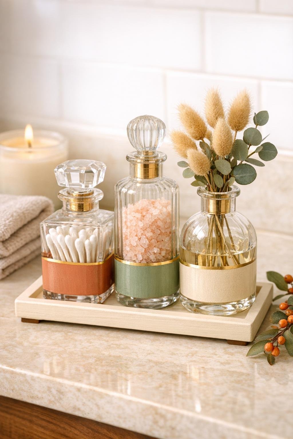 Finished autumn bathroom organizer made from old glass perfume bottles styled on a bathroom counter