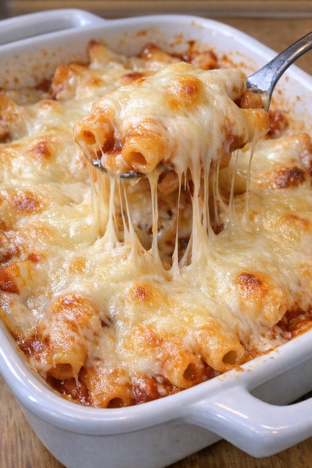 Golden bubbly Monterey Jack ziti in a white casserole dish