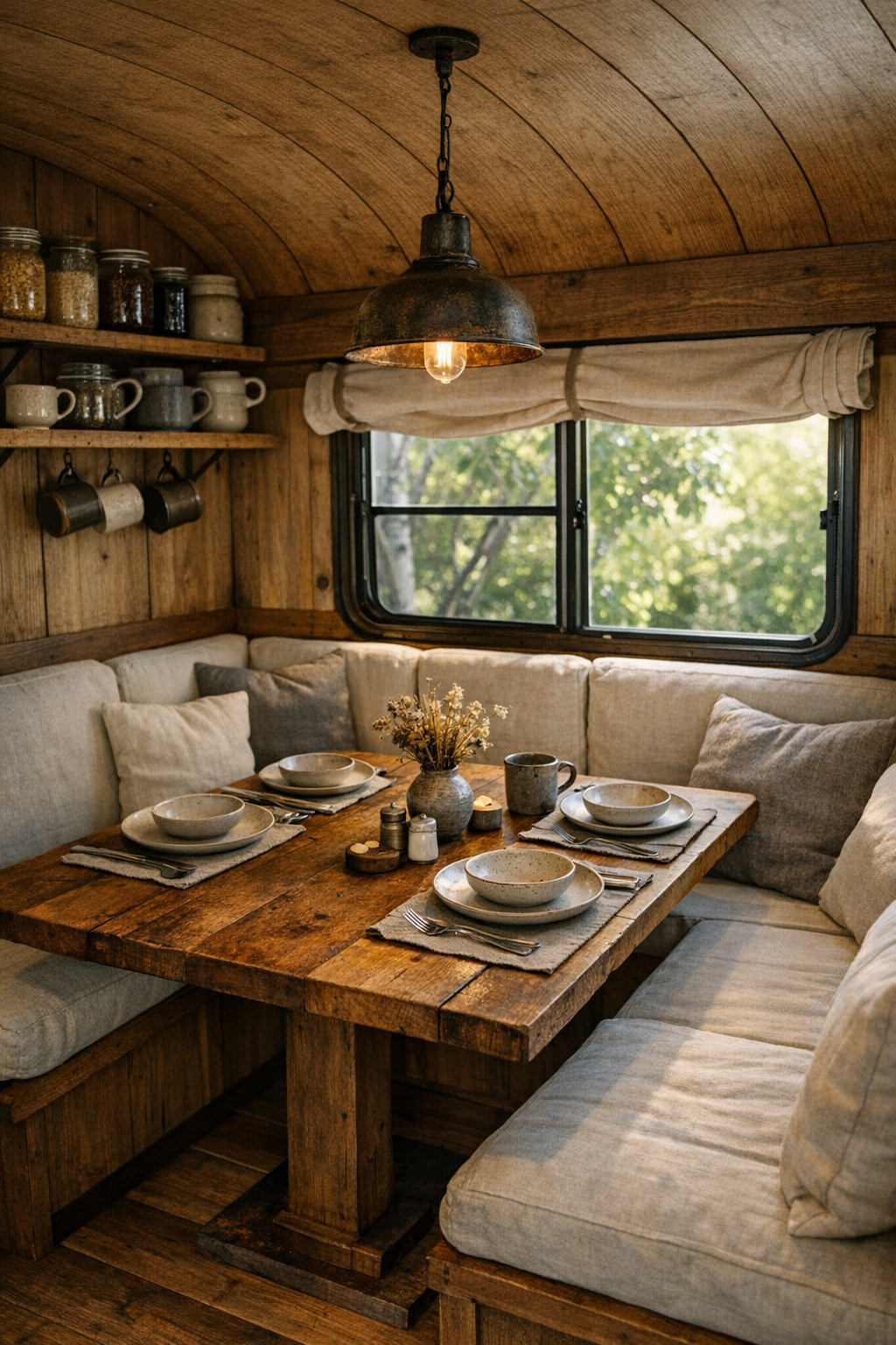 Cozy bus dining nook with built-in table and wraparound bench by the windows