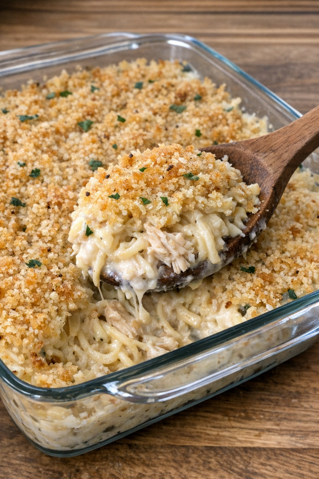 Creamy chicken tetrazzini casserole in a baking dish