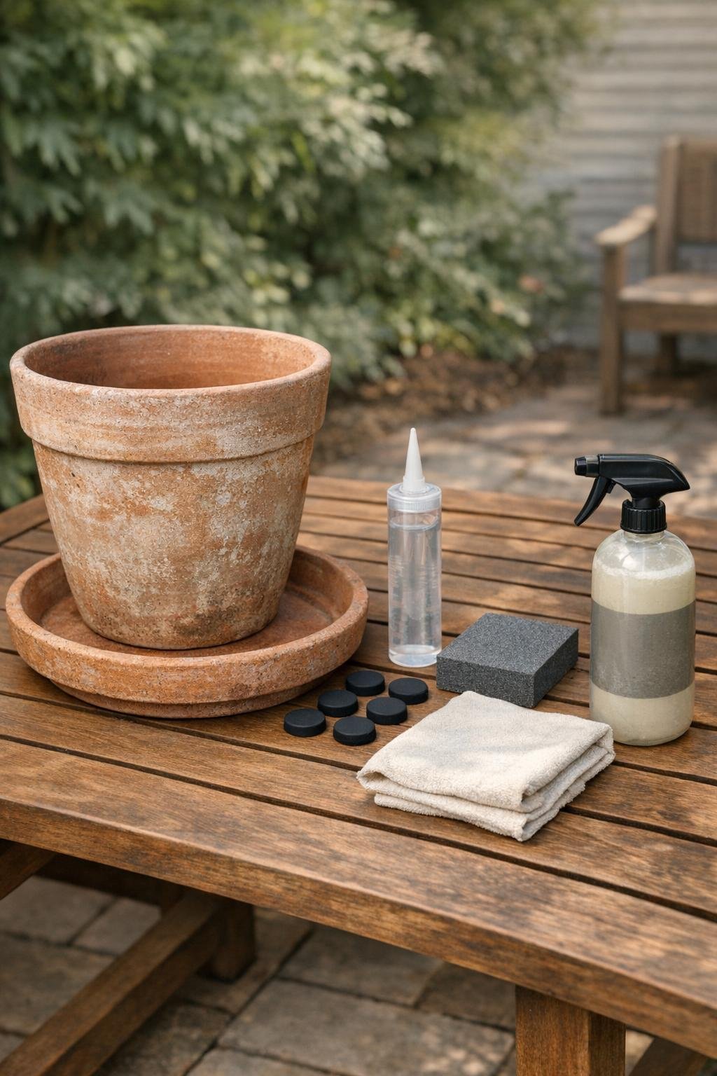 Terracotta pot, matching saucer, pads, adhesive, and sealer laid out for the project
