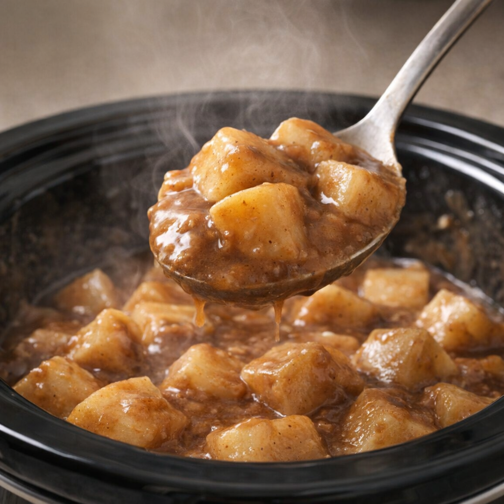 Tender gravy potatoes being stirred in the slow cooker
