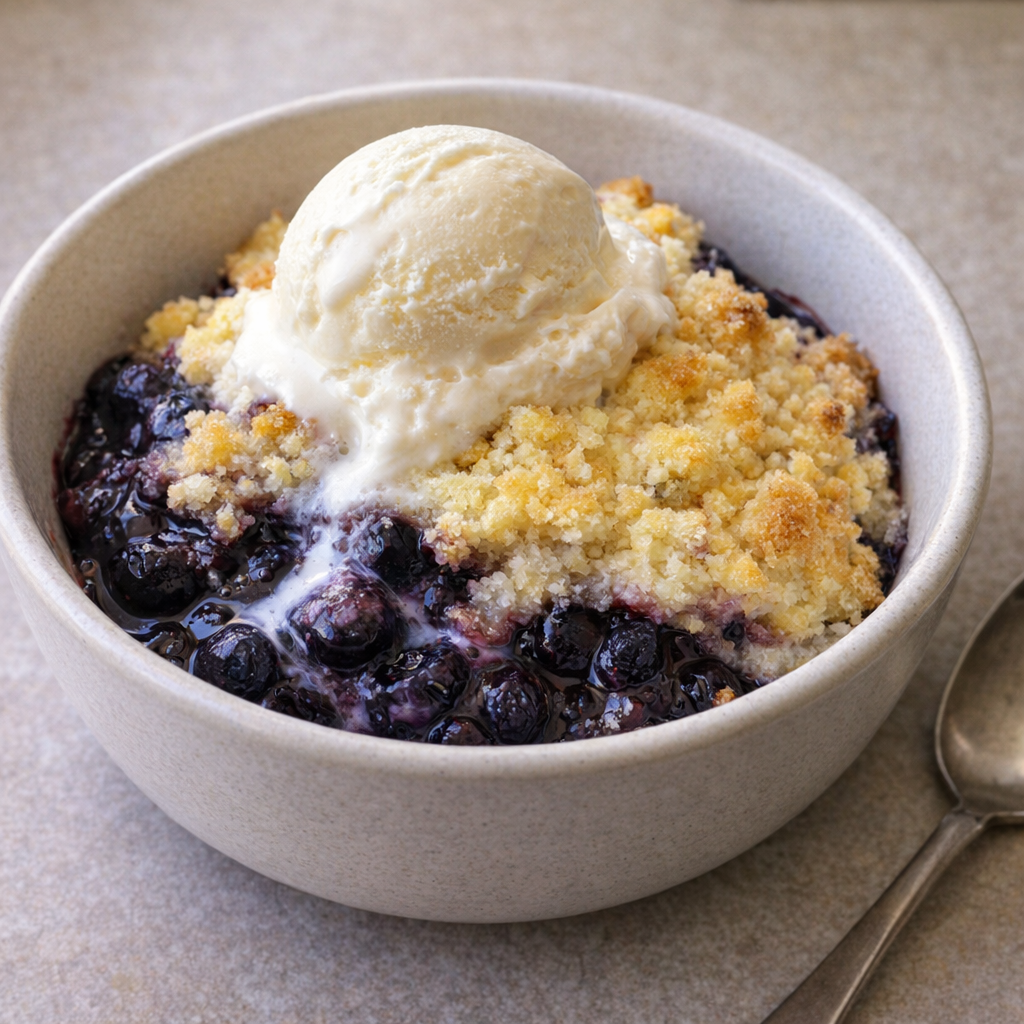 Slow cooker lemon blueberry dump cake served warm in a small bowl