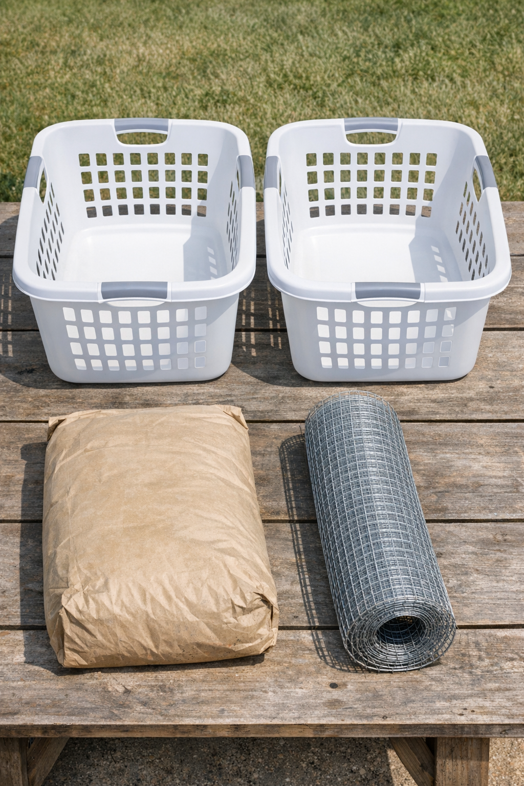 Materials for making concrete yard pillars laid out on a work surface