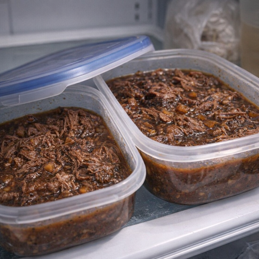 Leftover pot roast stored in shallow containers