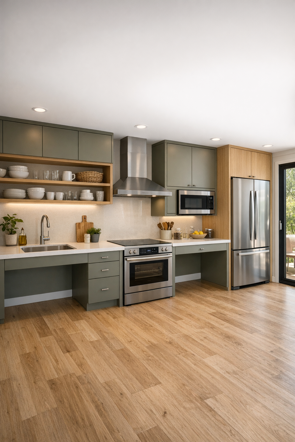 Modern accessible kitchen with muted olive cabinets, white counters, and pale wood details
