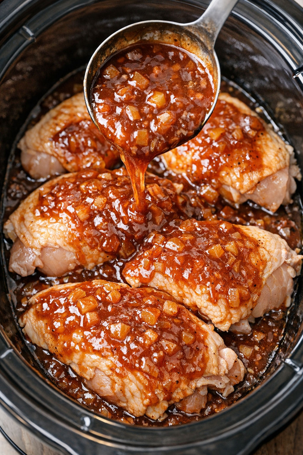 Sauce poured over chicken in slow cooker