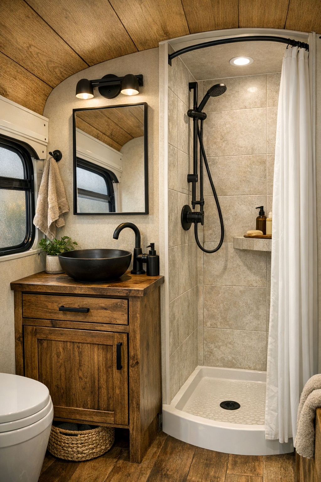 Compact rustic bus bathroom with wood vanity and black fixtures