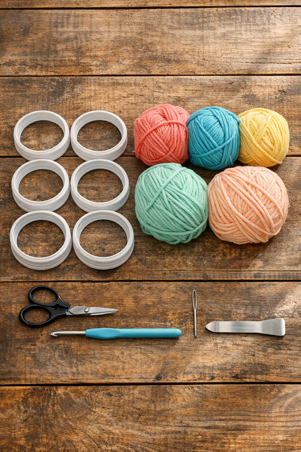 Materials for crocheted mason jar lid coasters laid out on a table