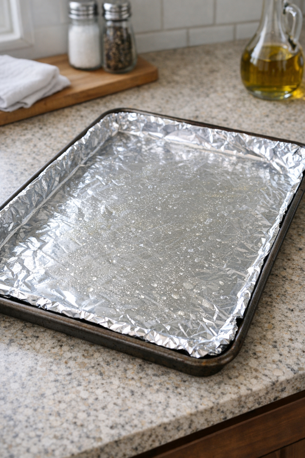 Foil-lined baking sheet prepared for flatbread