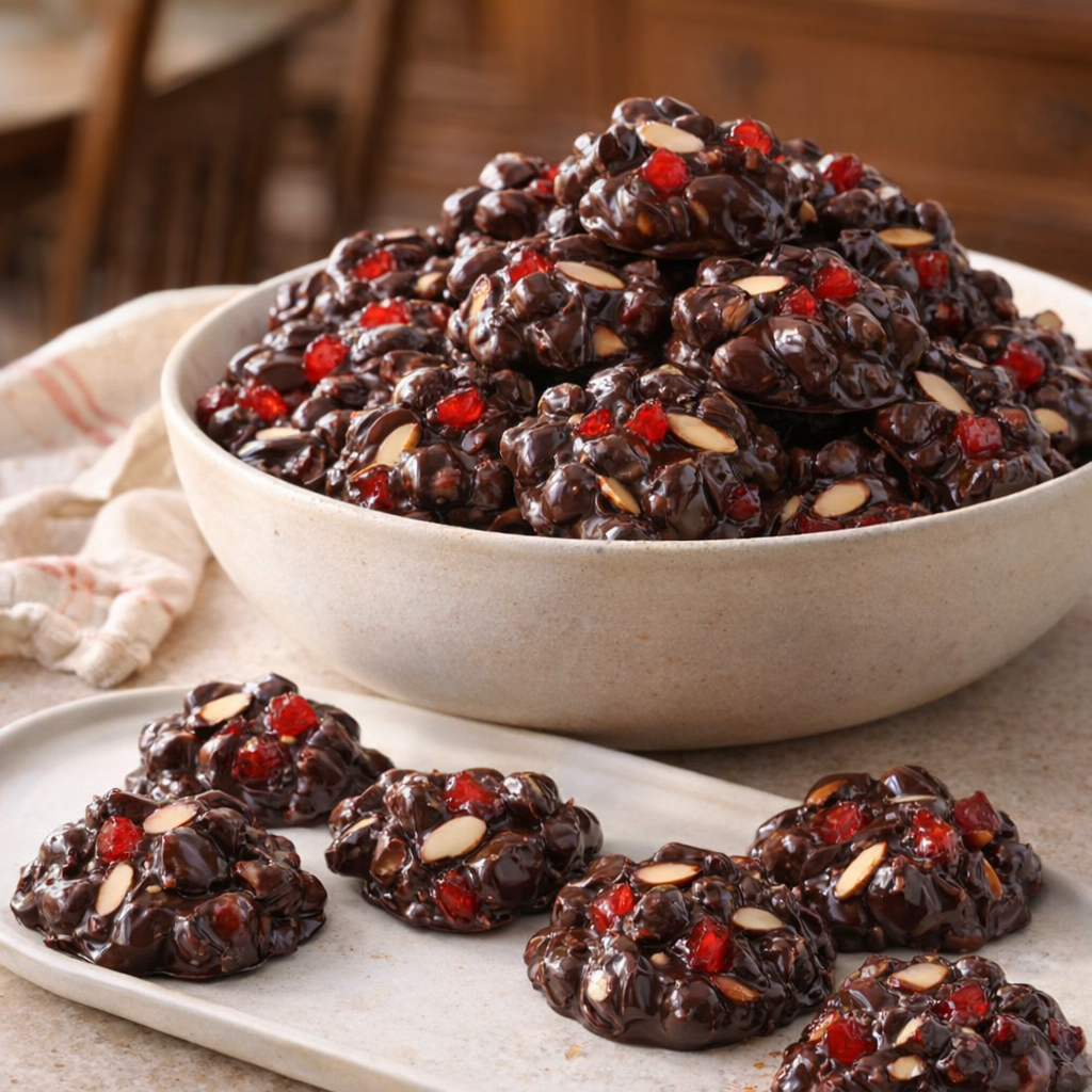 Finished chocolate cherry clusters piled in a serving bowl