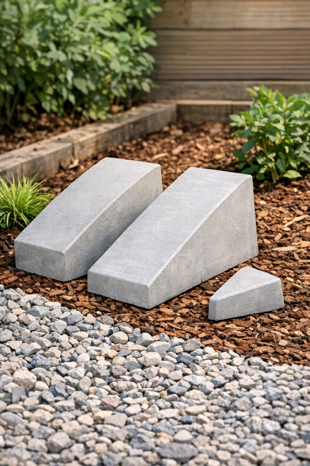 Finished wedge-shaped cement garden blocks arranged in a backyard garden
