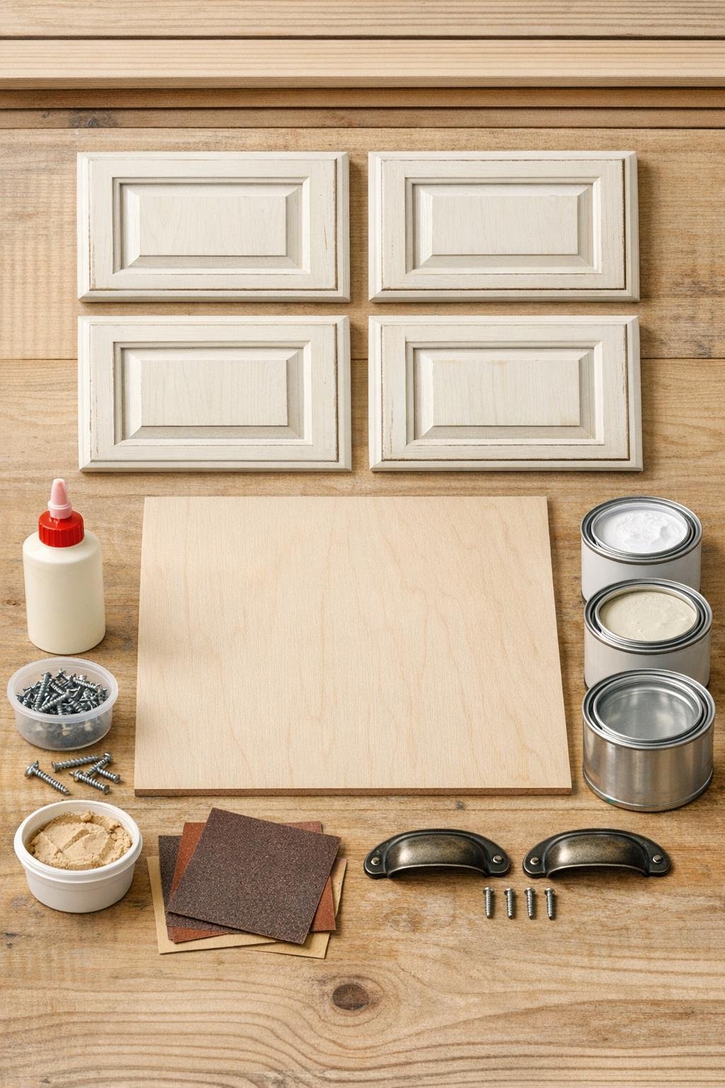 Materials laid out for a rustic tray made from cabinet doors