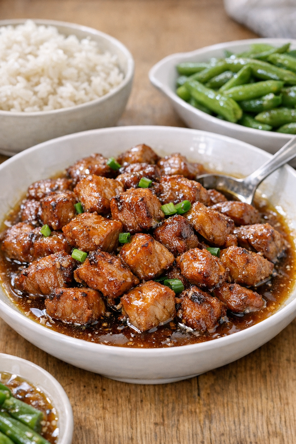 Finished plated slow cooker pork bites with glossy sauce