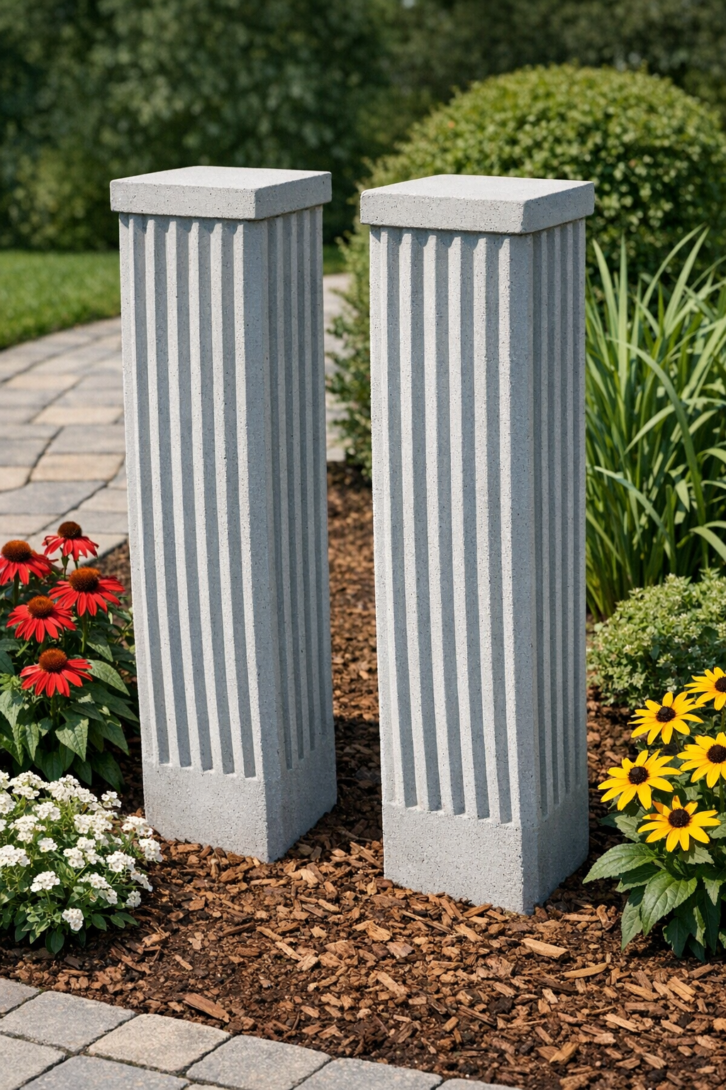 Finished tall fluted concrete garden pillars in an outdoor garden setting