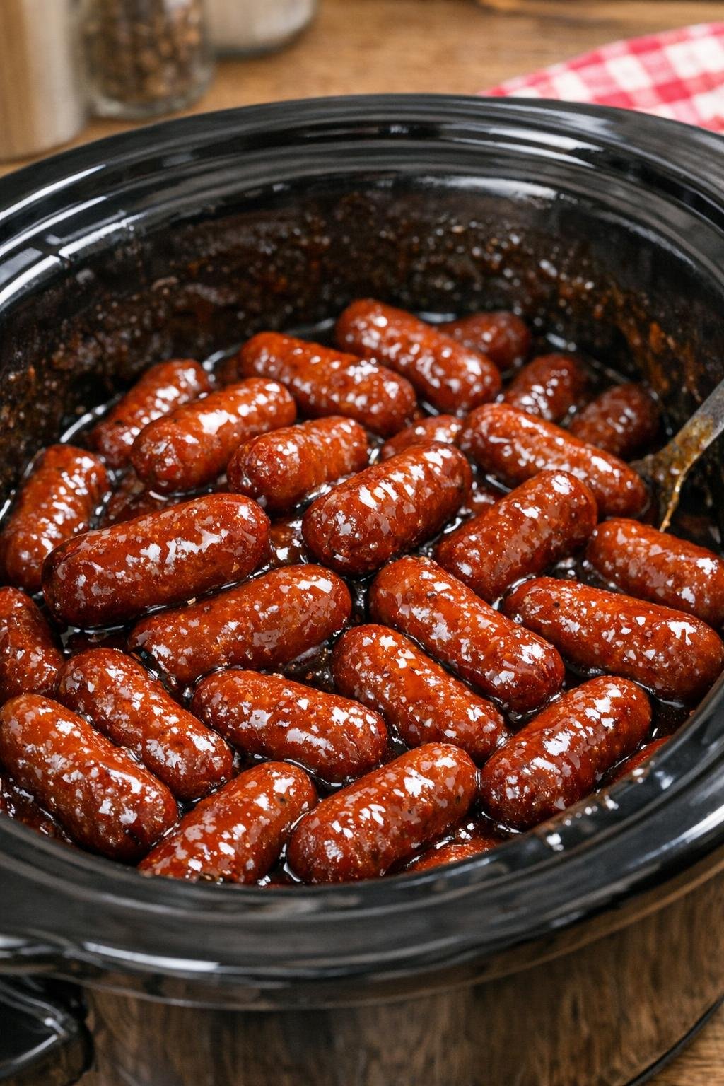 Lil Smokies overtrukket med sauce i slowcookeren