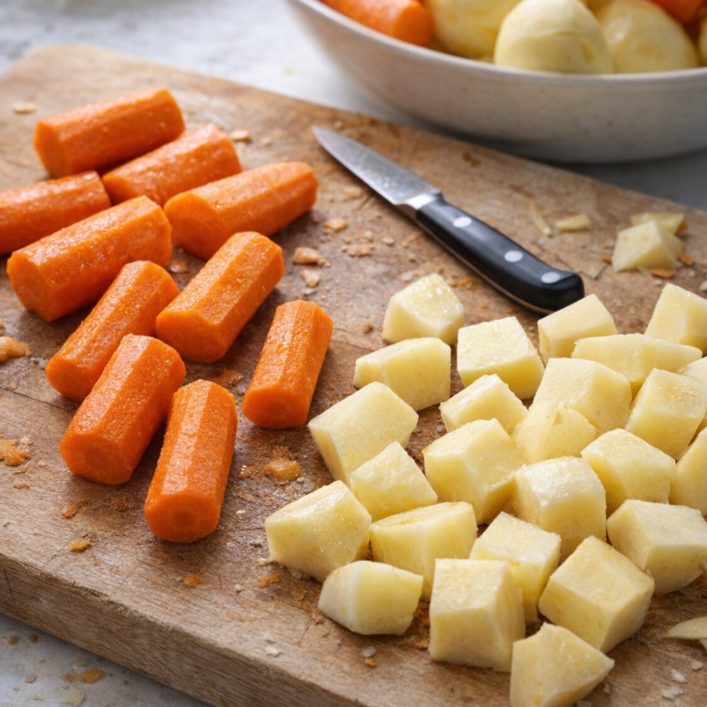 Close-up of carrot and potato pieces in different cut sizes on a cutting board