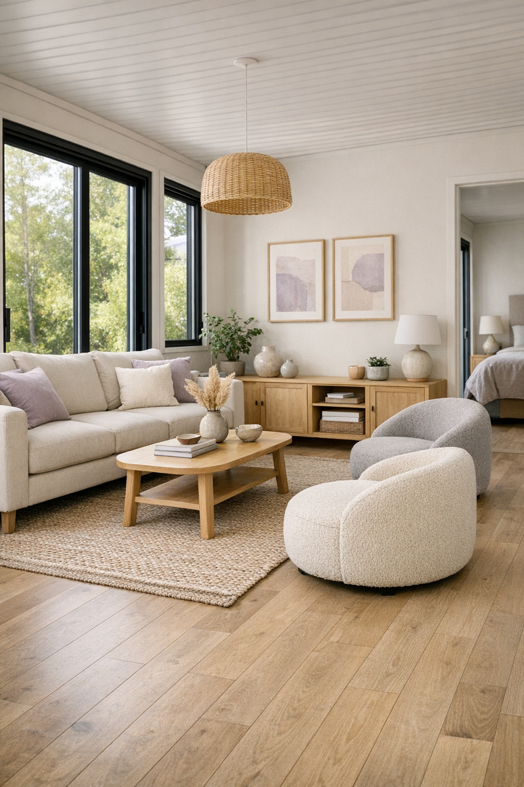 Bright accessible living room with soft lavender accents and pale oak floors