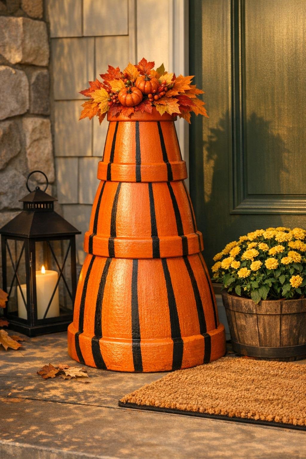 Finished clay pot pumpkin tower styled on a front porch