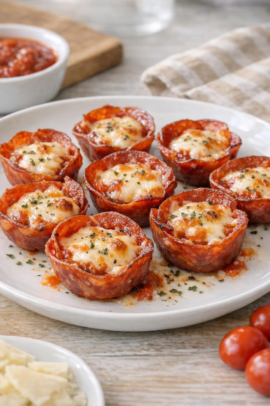 Finished pepperoni pizza cups on a serving plate