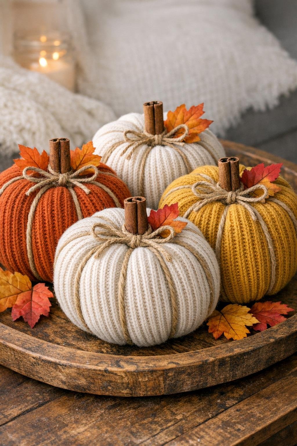 Finished set of four wool sock pumpkins arranged for fall decor