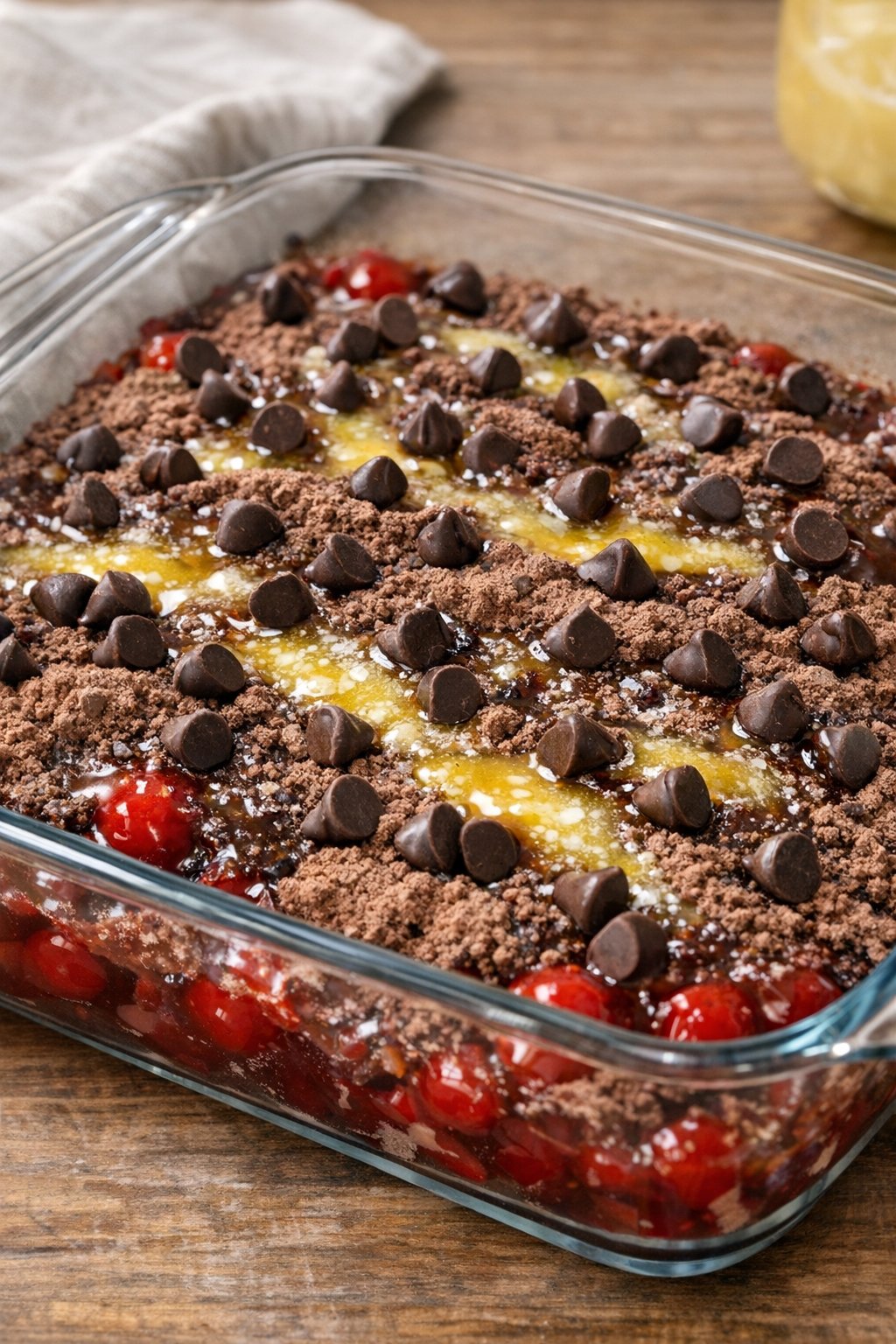 Melted butter and chocolate chips over brownie mix