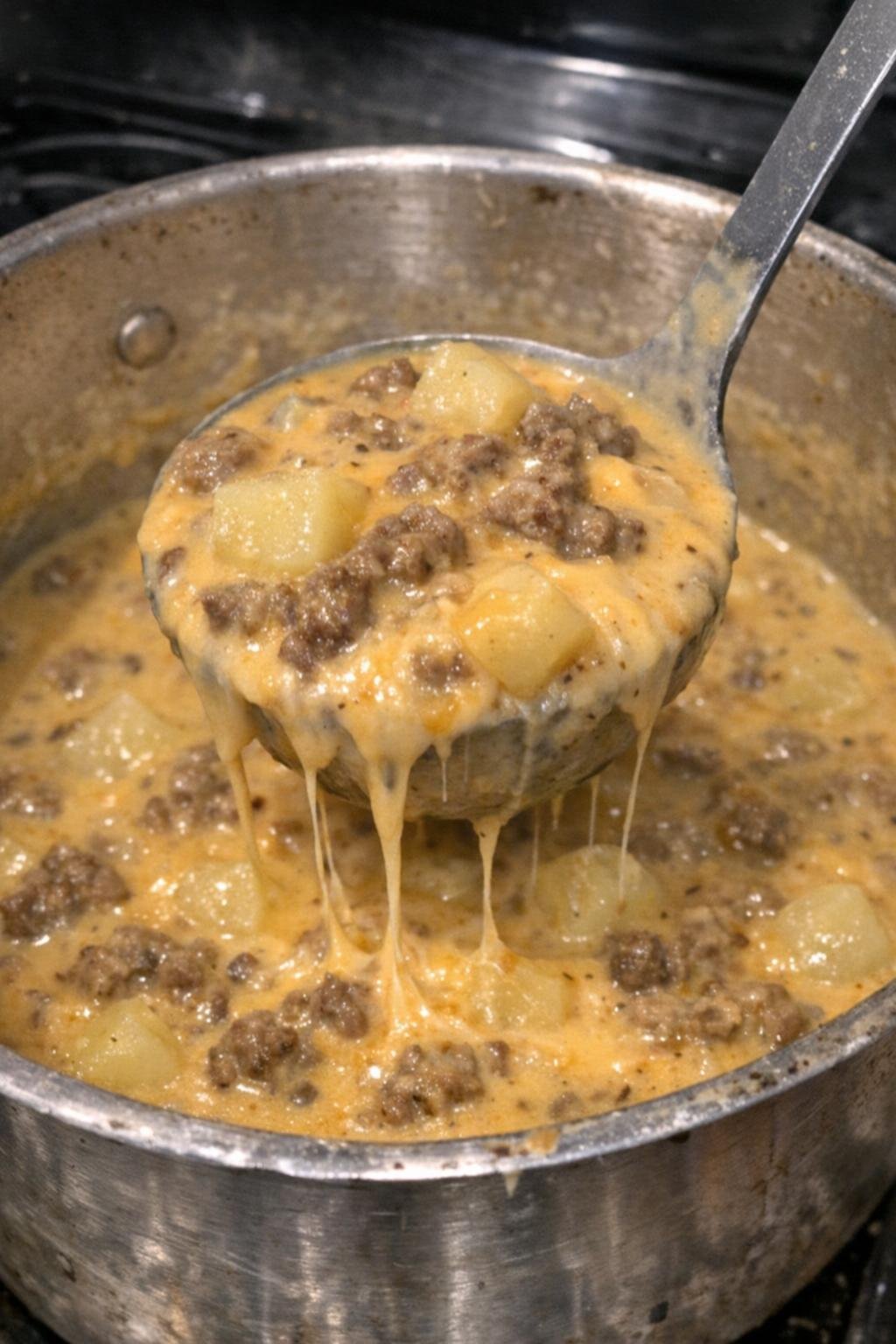 Cheeseburger soup in a dented pot with a ladle lifting a cheesy portion