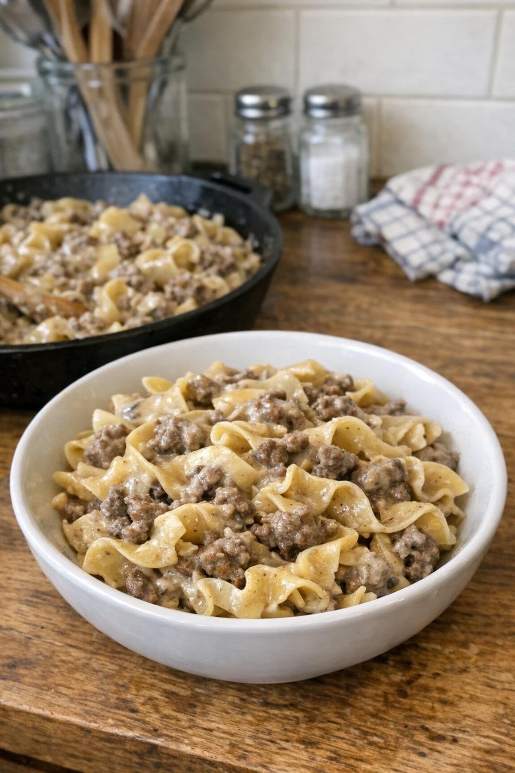 Finished hamburger stroganoff plated in a bowl