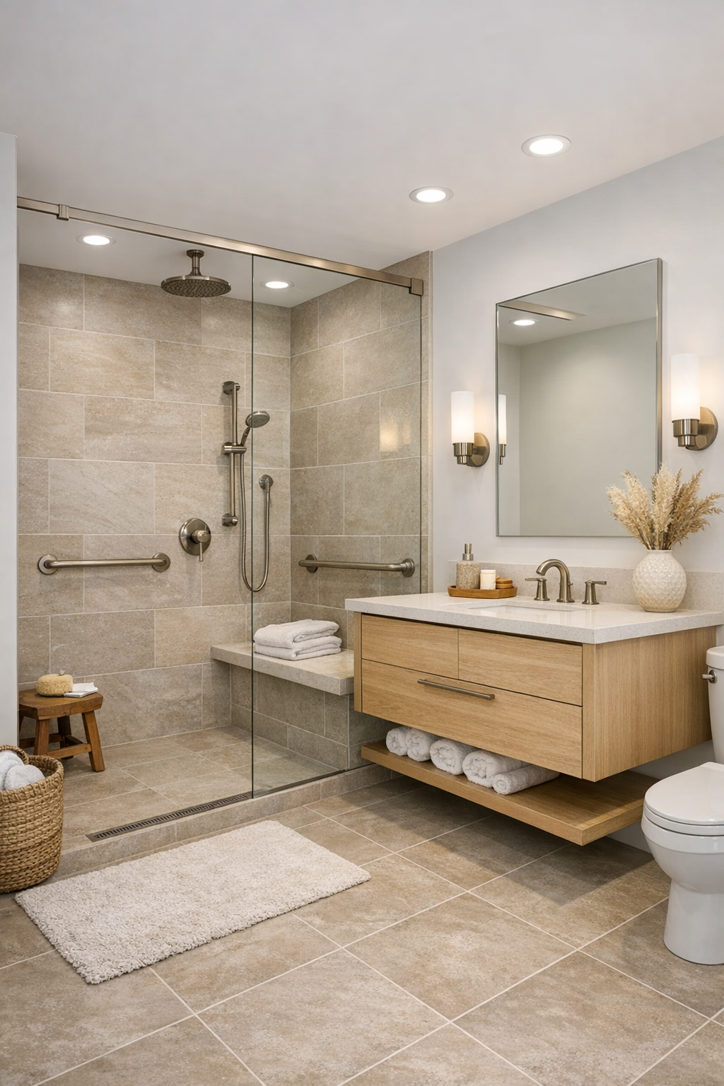Elegant accessible bathroom with a curbless shower, floating vanity, and stone-look tile