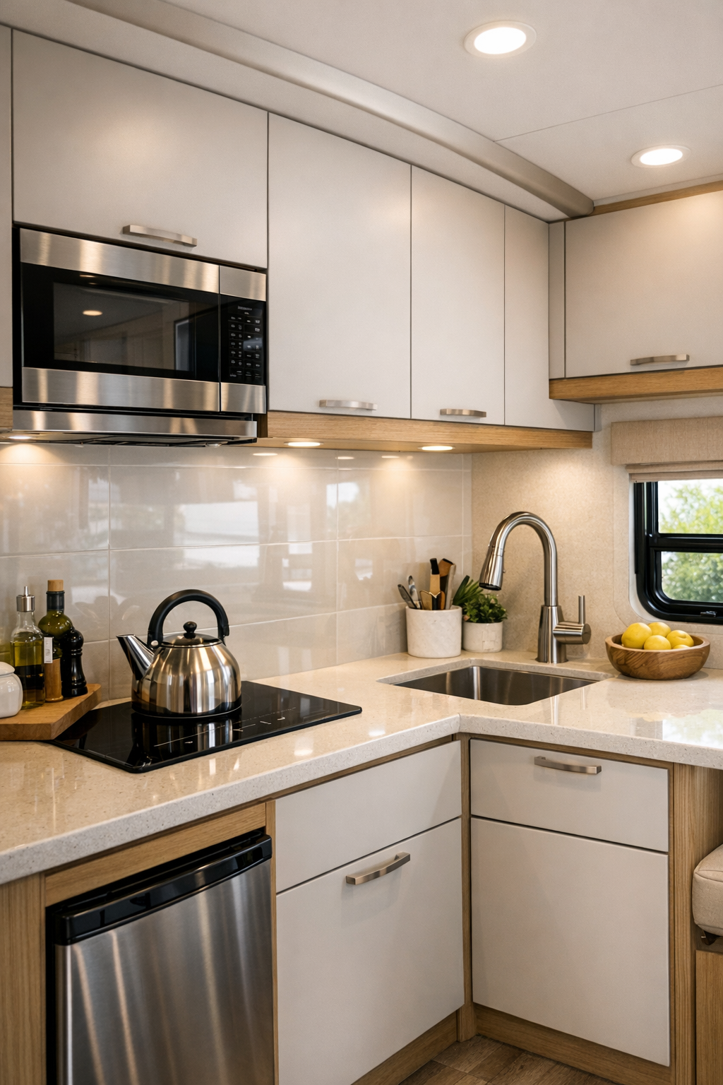 Elegant RV galley kitchen with quartz counters and pale cabinetry