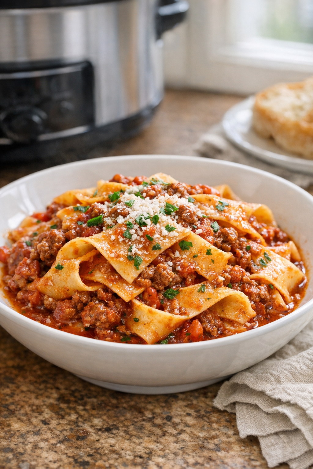 Finished slow cooker pappardelle plated in a bowl