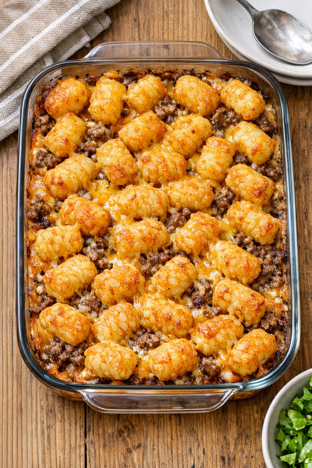 Finished cheesy potato puffs casserole in a glass baking dish
