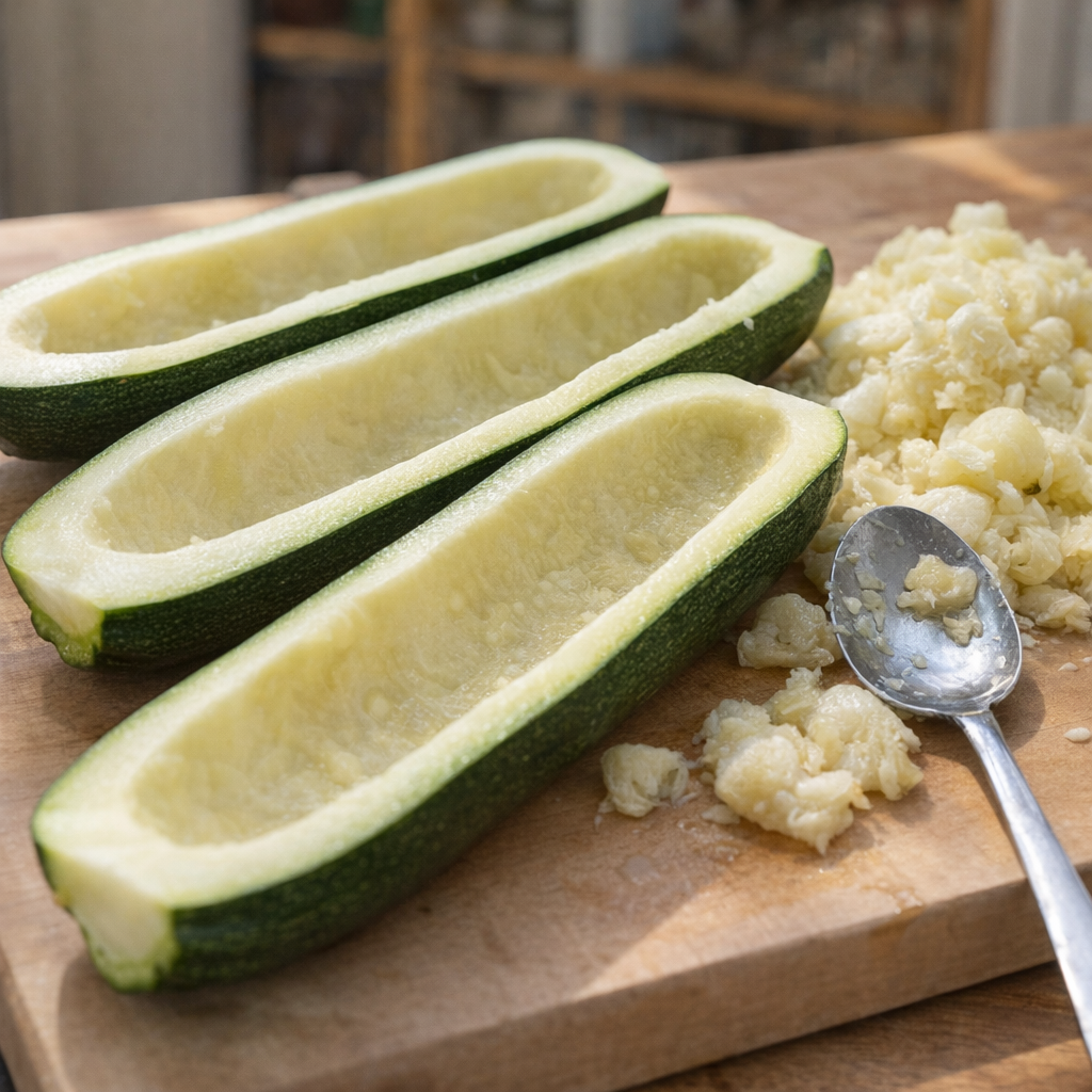 Hollowed zucchini halves ready for stuffing