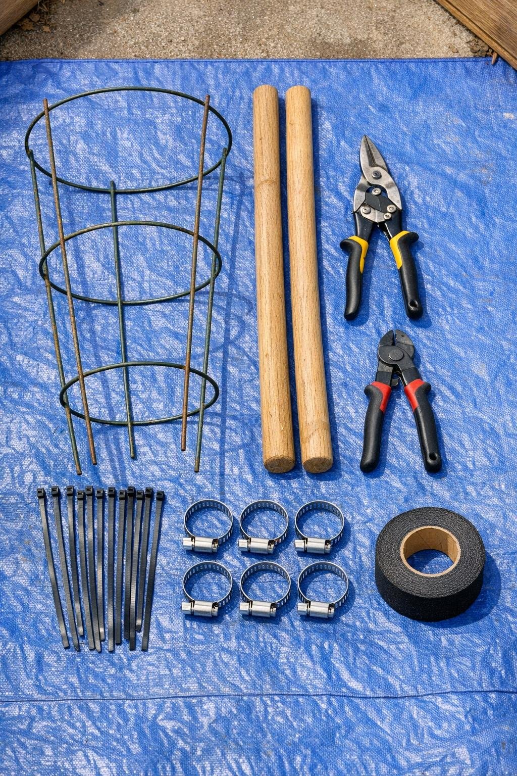 Materials for a homemade compost turning tool laid out on a tarp