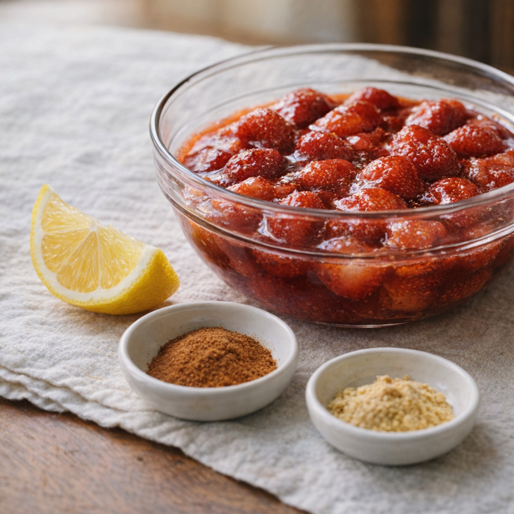 Lemon wedge and spices beside strawberry dessert ingredients