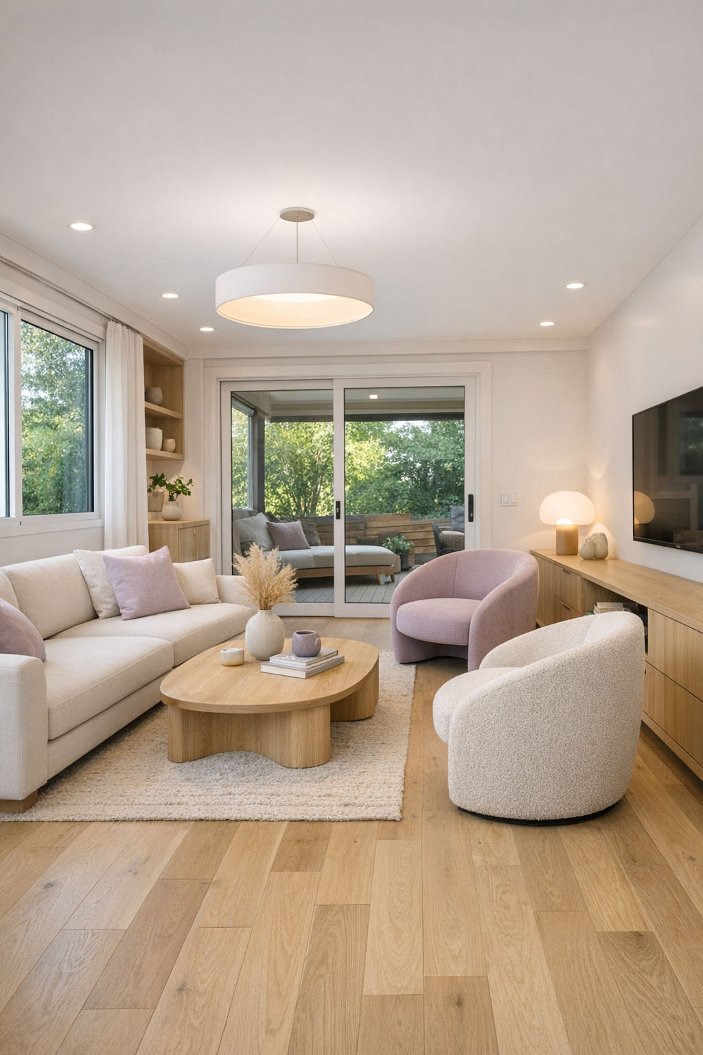 Soft lilac-toned accessible living room with oak floors and low modern seating