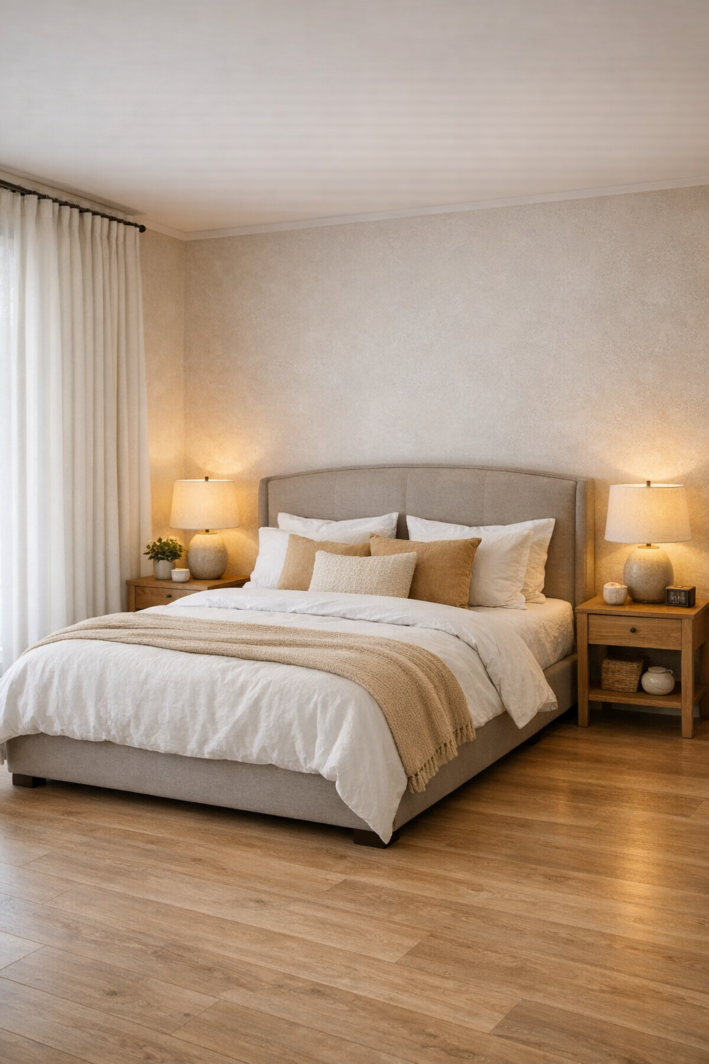 Calm bedroom with a taupe upholstered bed, oak furniture, and soft sandstone textiles