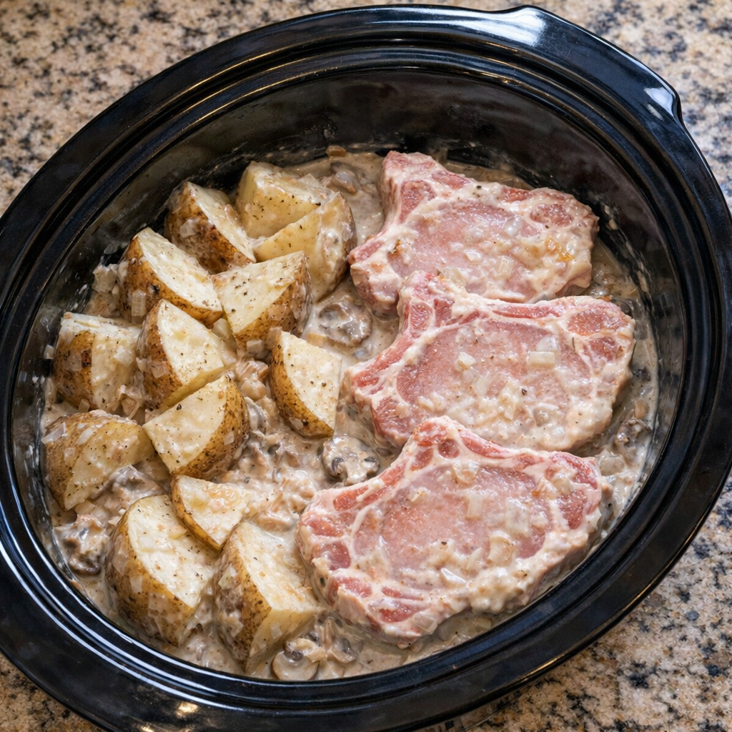 Slow cooker pork chops and potatoes in the crock