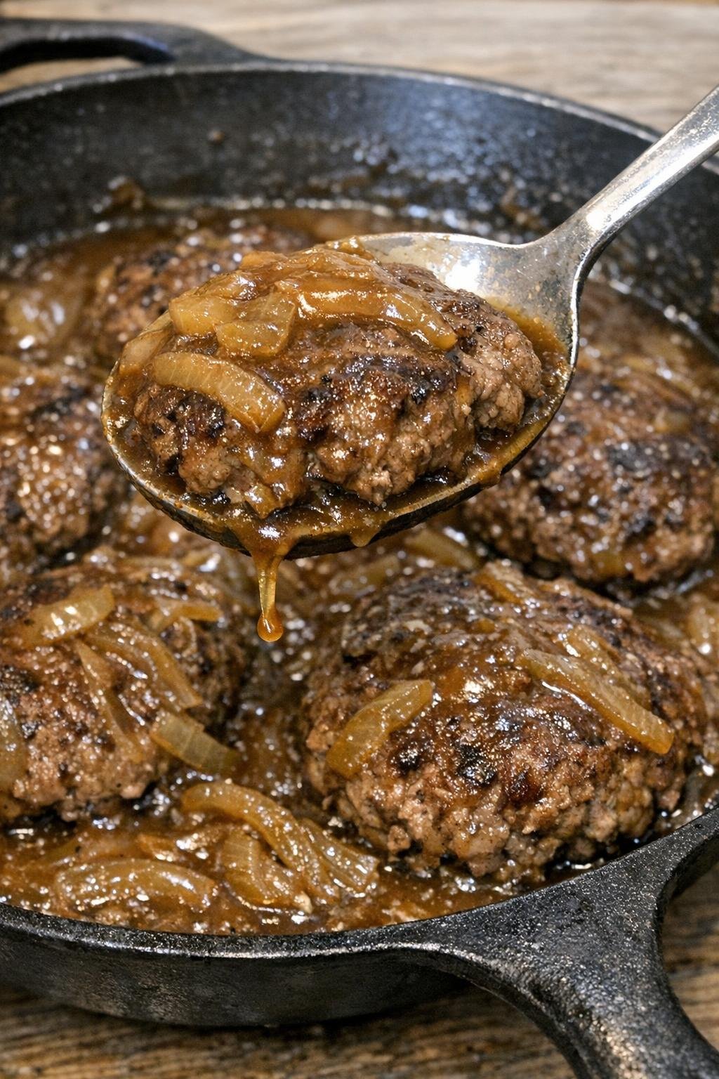 Hamburger steaks in onion gravy in a cast iron skillet