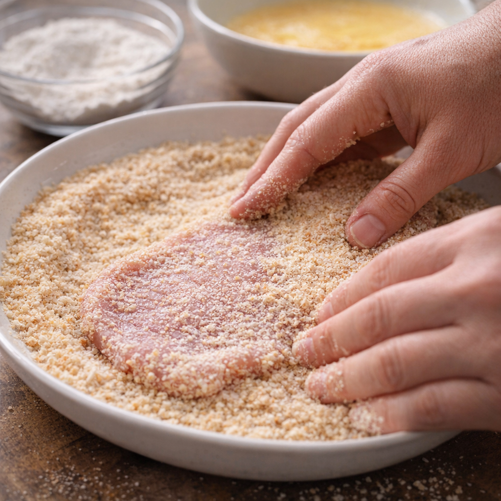 Pork cutlet being coated in breadcrumbs