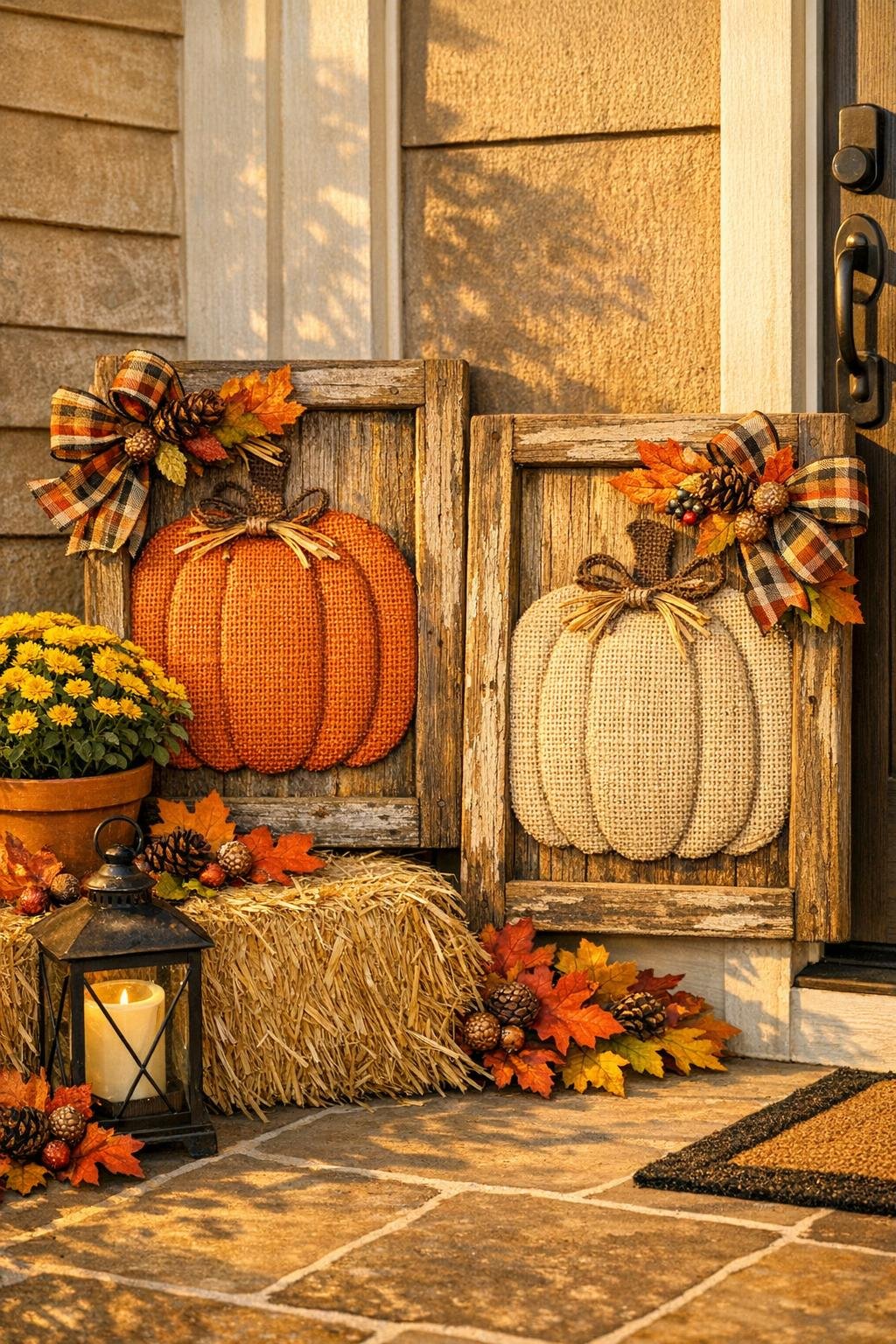 Finished harvest wall art made from burlap pumpkin signs on old window frames displayed on a porch
